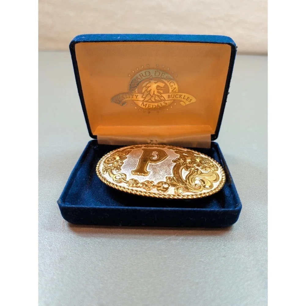 Vintage Crumrine Gold Tone Belt Buckle Initial P Floral Western Award Design Box